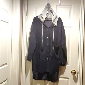 Long high low corduroy hooded jacket with front pockets in Navy